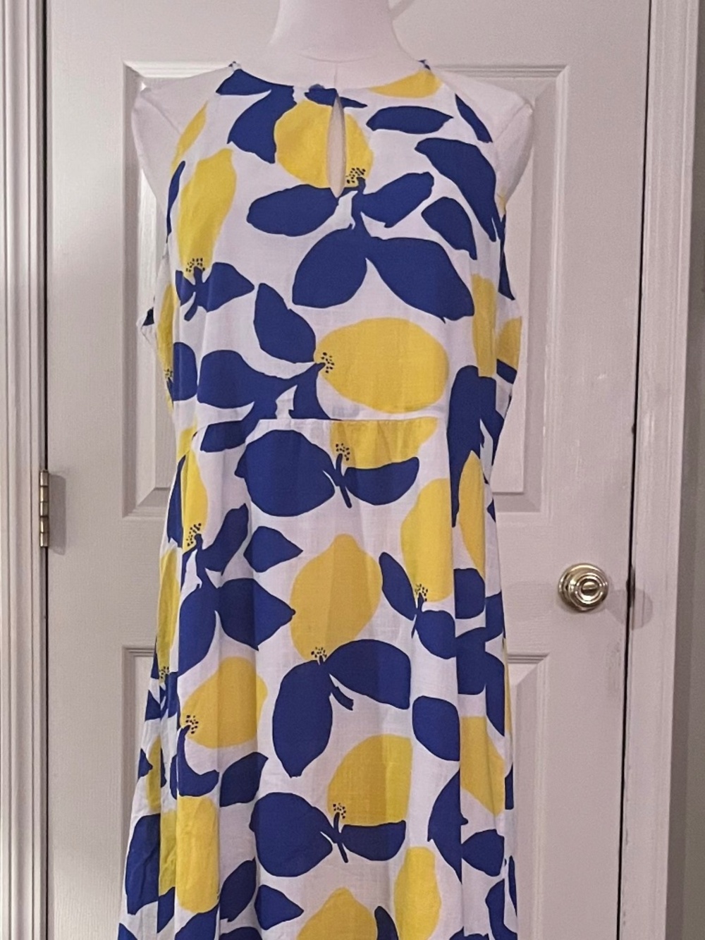 LOFT Lemon Print Linen Blend Halter Midi Dress | Blue Yellow White Floral -Sz 12